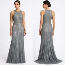 Mac Duggal Dress Womens 4 Silver Evening Gown Sequin Sleeveless Floor Length