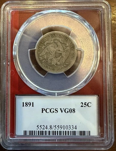 1891 25c Seated Liberty Quarter Coin PCGS VG08