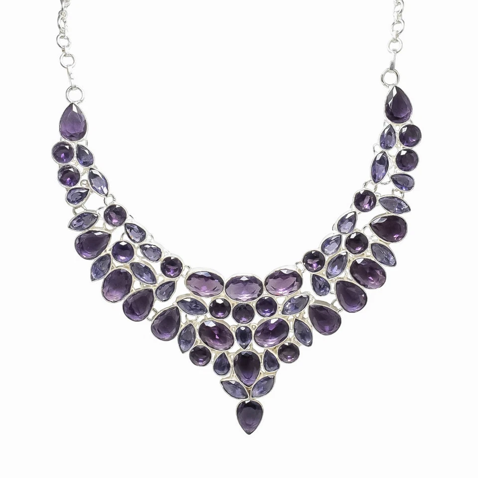 Collar de joyería de plata de ley 925 hecho a mano con piedras preciosas de amatista púrpura de 18" Foto 2 de 4