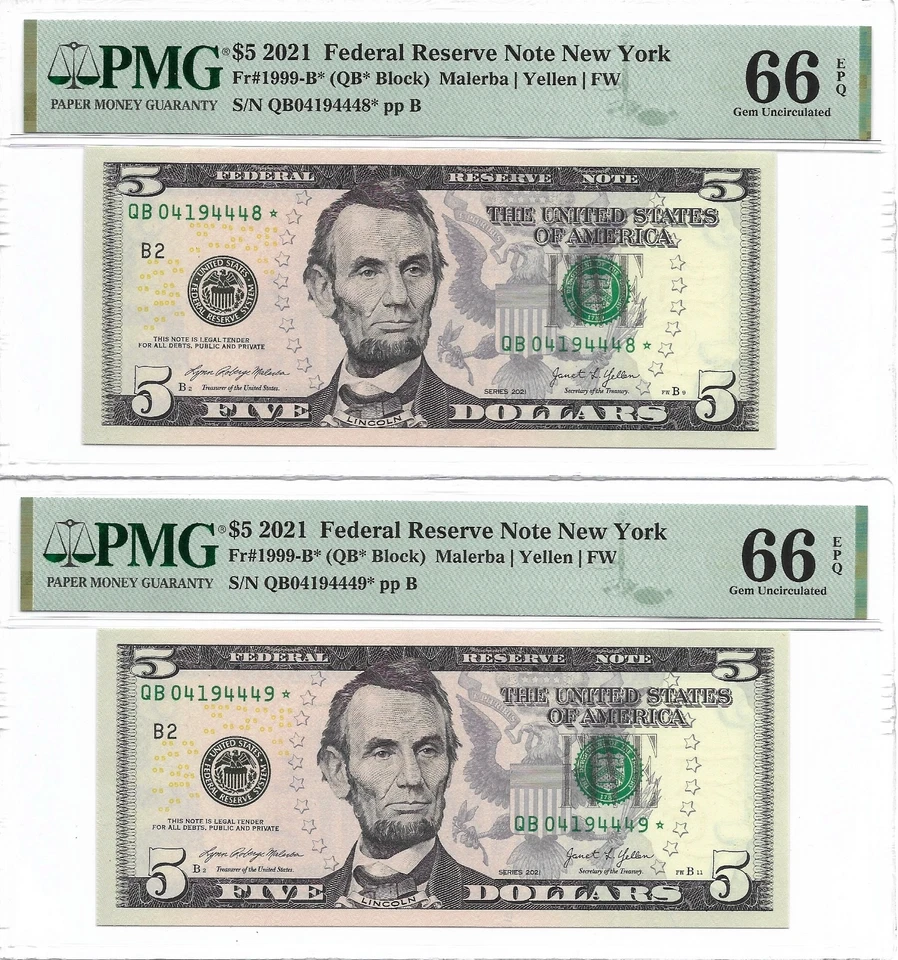 2021 $5 NEW YORK * STAR * ⭐️ FRNs. 4 PMG GEM Uncirculated 66 EPQ Banknotes. - Image 4 of 4
