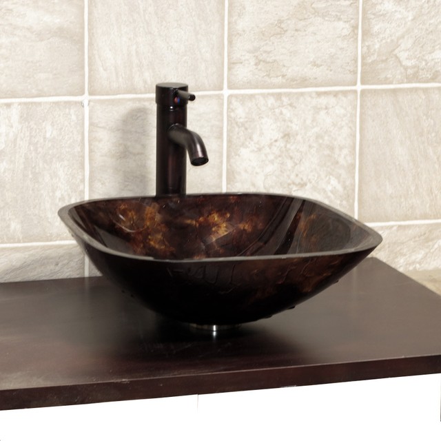 Bathroom Square Glass Vessel Sink + Oil Rubbed Bronze Faucet & Matching