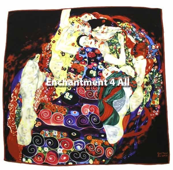 Handmade 100% Silk Scarf Wrap Handrolled 35"x35" w/ Klimt's "Die Jungfrau" 1913
