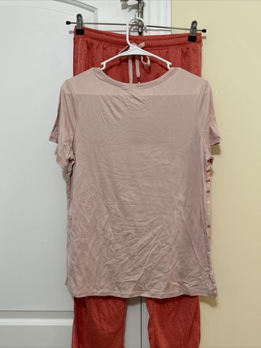 Cuddl Duds Smart Comfort with Slub Stripe Tee and Pant Spiced Coral S A469973 - Picture 4 of 6