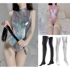 Sexy Women Glossy Leather Bodysuit Babydoll Swimsuit Cosplay Wet Look Lingerie