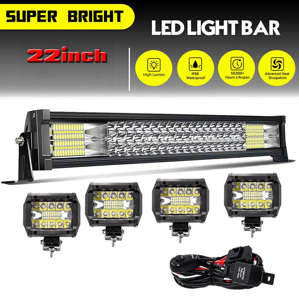 22inch LED Light Bar Spot Flood Combo Work UTE Truck ATV Boat+4x 4" Pods+Wiring