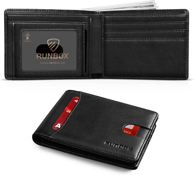 RUNBOX Wallet for Men Slim 11 Credit Card Holder Slots Leather 1 oil black 