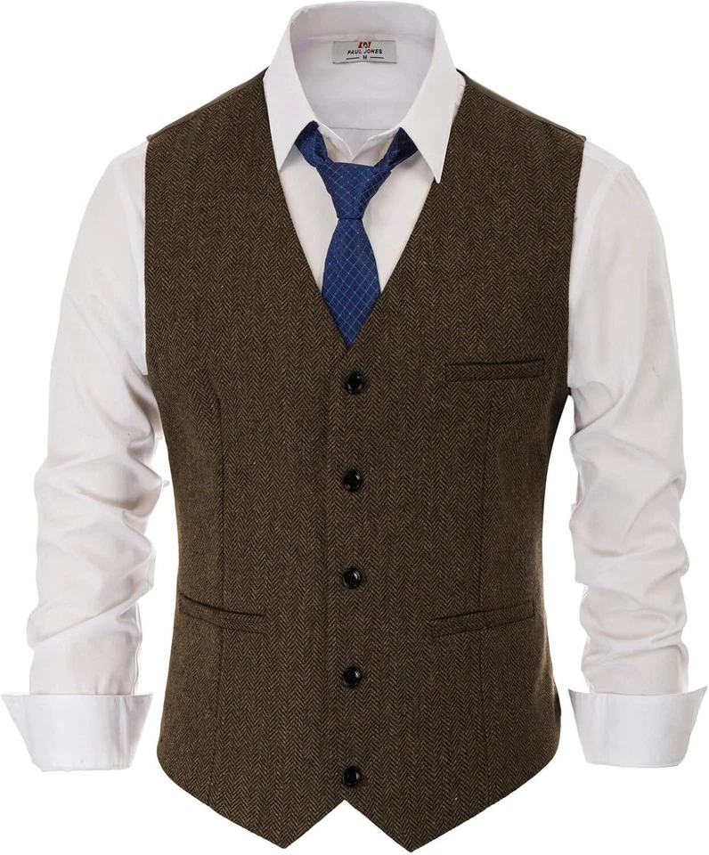 Chaleco de tweed espiga para hombre mezcla de lana informal vestido chaleco para negocios Foto 3 de 4