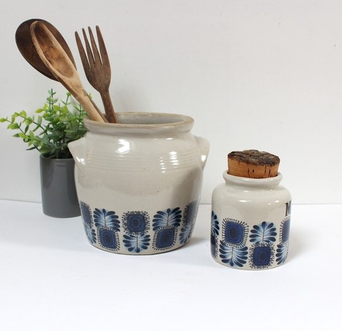 2 Pots En Grès Vintage 1970 - Motifs Floraux Bleus - France - Porte-ustensiles