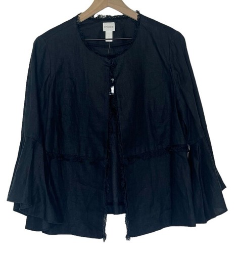 Chicos schwarz Leinen Glockenärmel Fransen Akzent offen Blazer Jacke Größe 1 (L)