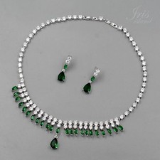 Jewelry Set Women Simulated Emerald Necklace Earrings Zirconia White Gold Plated