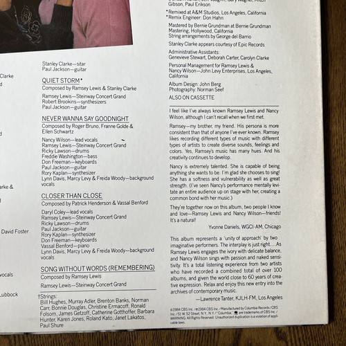 Ramsey Lewis & Nancy Wilson - The Two Of Us Vinyl LP Record 1984 Columbia VG+ - Picture 11 of 18
