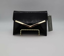 Sondra Roberts Black Patent Genuine Leather Clutch W/ Gold 3d Metal Envelope Bar
