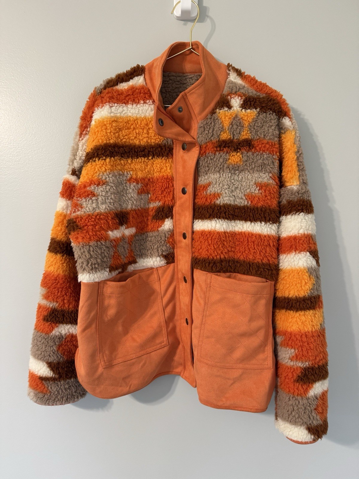 Women's Geometric Pattern Button Sherpa Jacket Or… - image 1