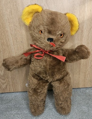 Vtg Stuffed Plush Rushton Musical Brown Teddy Bear Works Red Ribbon Orange Eyes - Picture 2 of 5