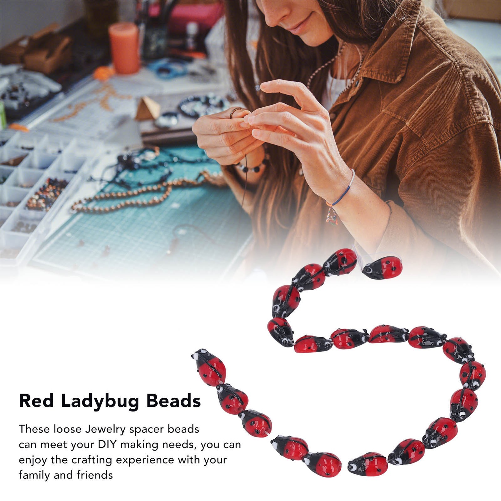 °20pcs Ladybug Beads Black Red Glass Glossy Comfortable DIY Making Corrosion