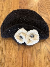 Vintage Women  s Black Beret Winter Knit Hat W/Sequins, Flowers, Button Accents