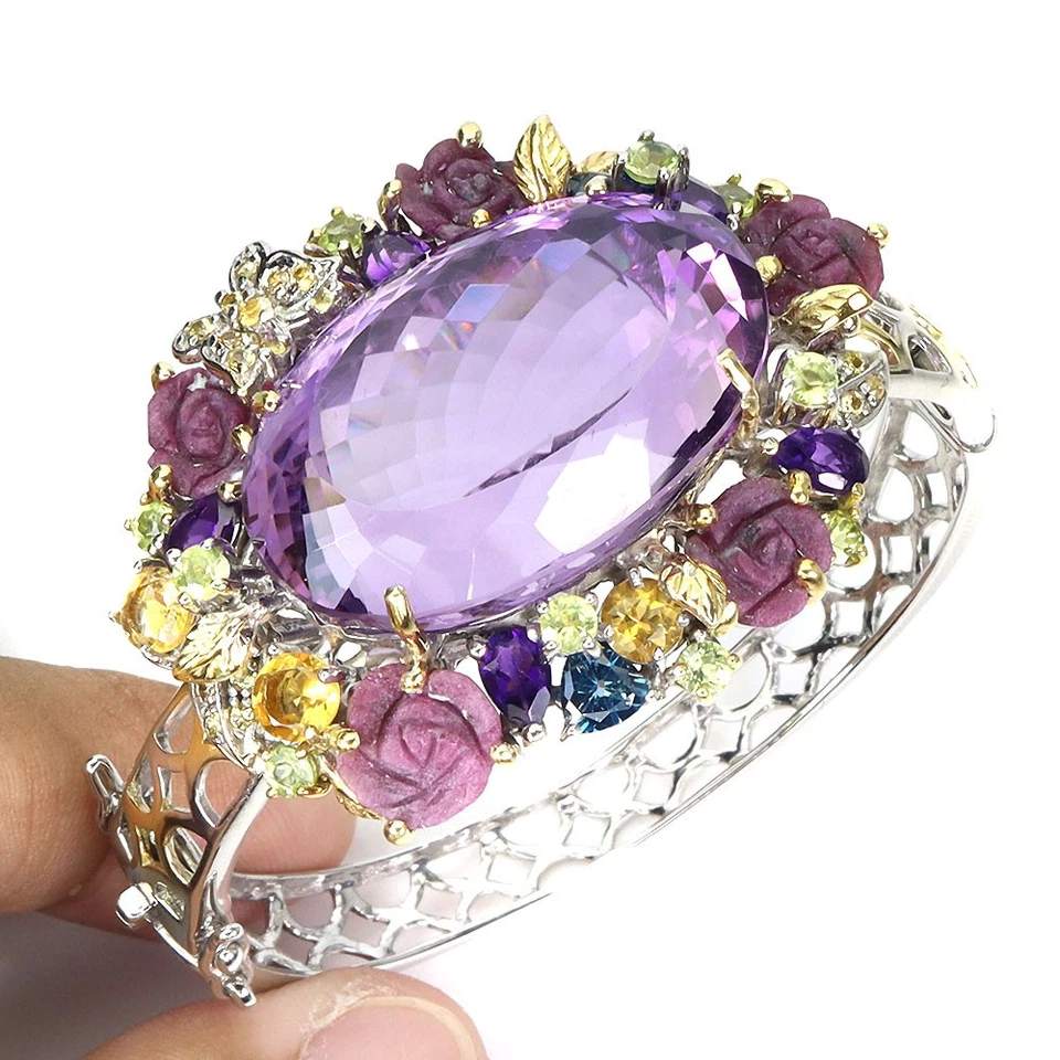 925 Sterling Silver Bangle Oval Amethyst 102ct Ruby Handmade Gemstone 6.9inches - Image 2 of 4
