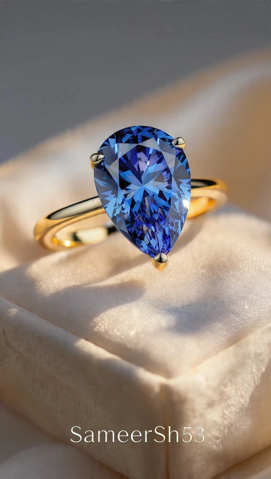 Anillo de diamantes azules talla pera cultivada en laboratorio de 4 quilates diseño de oro amarillo de 14 k por Sameersh53 Foto 3 de 4