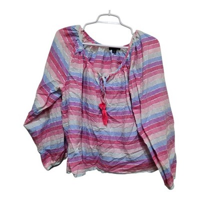 J Crew Womens Peasant Top Large Metallic Stripe Pastel Tassel Tie Boho Blouse