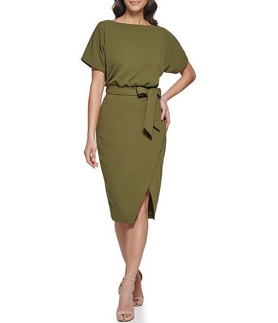 Kensie Faux Wrap Blouson Olive Textured Knit Belted Dress 6 NEW $98  KDLP0971