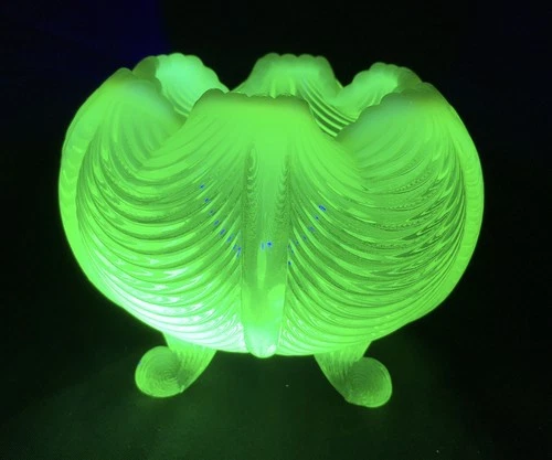 Vintage Fenton Vaseline Three Footed Draped Curtain Rose Bowl ~ Glows