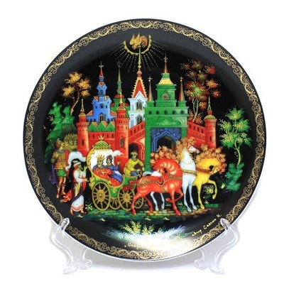 8'' Golden Cockerel Palekh Decorative Plate Russian Porcelain Collectible Plate