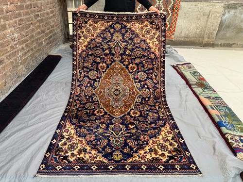 4x7 Top Quality Afghan Hand-Knotted Wool Rug Navy Floral Medallion Bedroom Rug