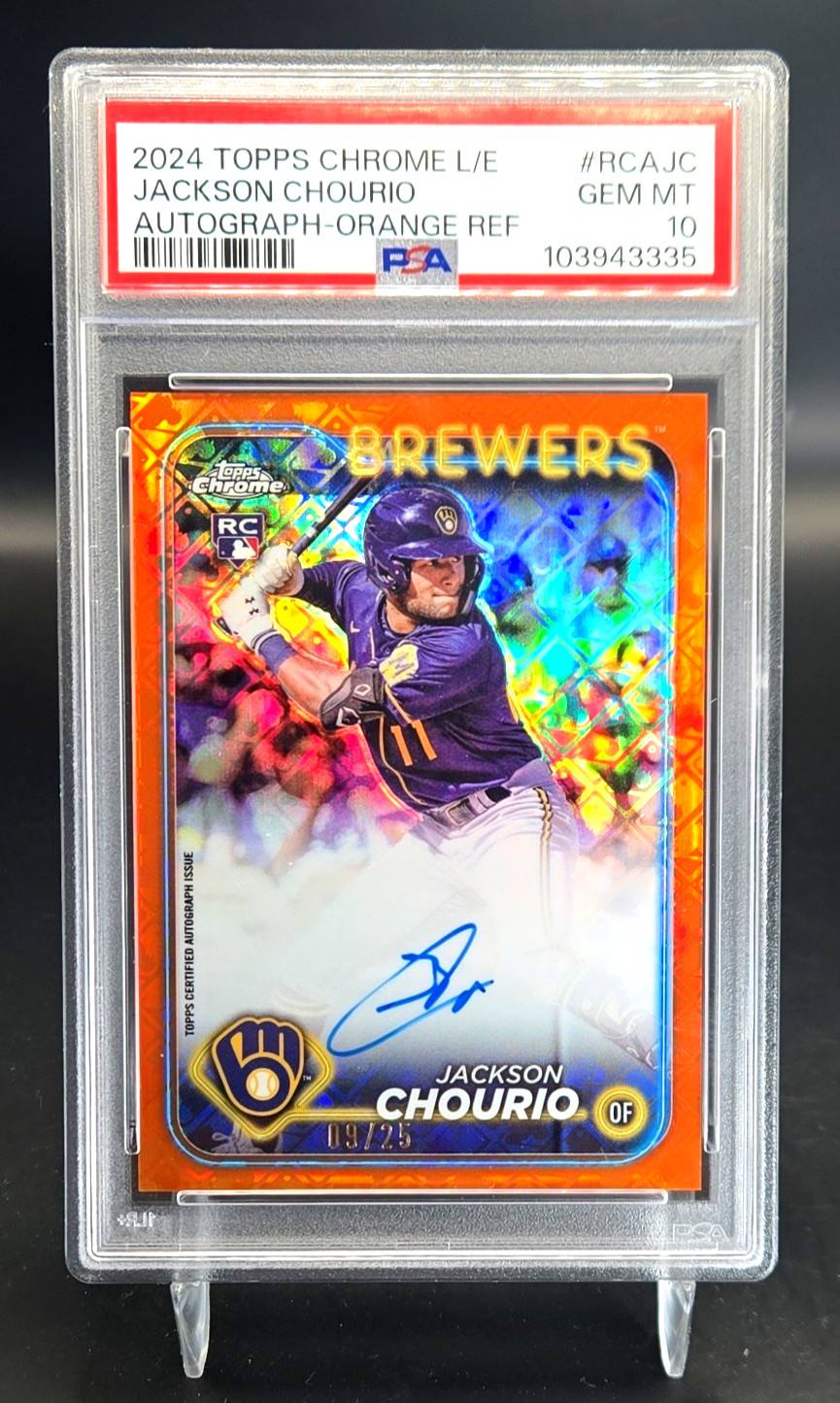2024 Topps Chrome Jackson Chourio Orange Logofractor Auto /25 RC Rookie PSA 10