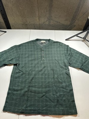 L.L. Bean Mens Henley Shirt Green Blue Windowpane Long Sleeve Mock Neck Large