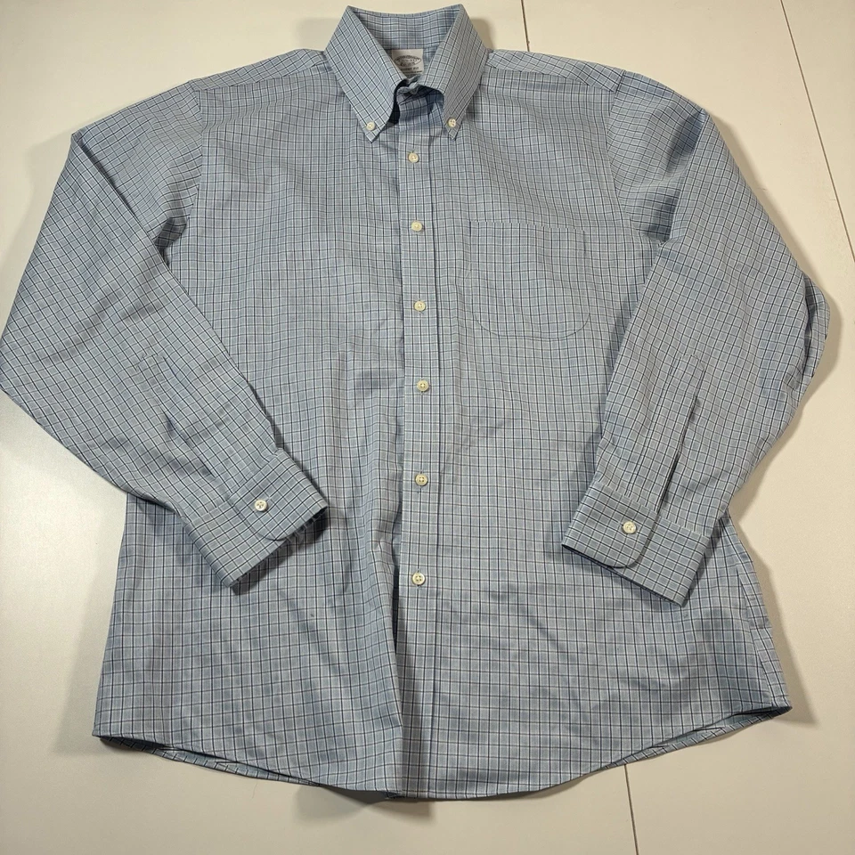 Brooks Brothers Regent Shirt 15.5 33 Blue Plaid Oxford Button Non Iron Stretch - Image 2 of 4