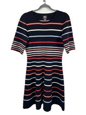Vince Camuto L Knit Dress Navy Stripe Fit Flare Short Sleeve Ribbed Modern Class
