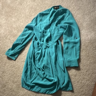 Yumi Kim Turquoise Silk Chiffon Long Sleeve Wrap Dress V-Neck Belted M