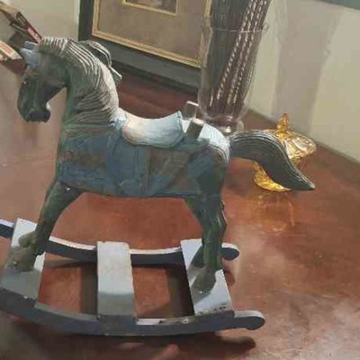 Vintage Hand Carved Wooden Rocking Horse Blue Green Antique Decor Toy