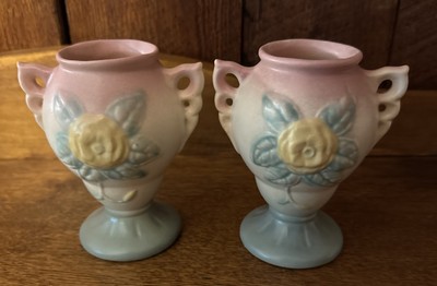 Pair Of Vintage MCM Hull Open Rose 2-Handled Vase~5  Tall~USA Pottery