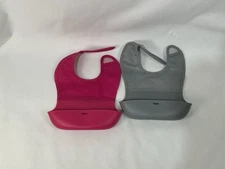 OXO Silicone Foldable Roll Up Catch All Baby Bibs Pink And Gray 2-pack