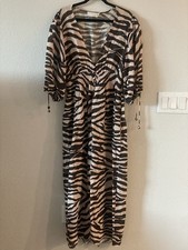 Zimmermann Puff Sleeve Midi Dress Juniper Brown Zebra Print Linen Size 0