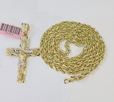 14k Yellow Gold Rope Chain Jesus Nugget Cross Charm SET 3mm 24 Inches Necklace