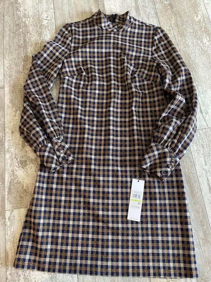 calvin klein plaid shirt dress New Women’s 4 Calvin Klein Long Sleeve Metallic Gold Plaid Go Go Girl Dress