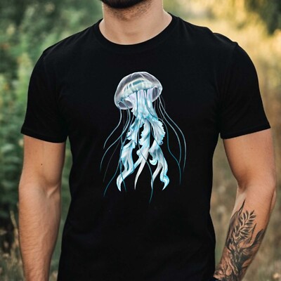 Herren T-Shirt Blaue Qualle Motiv Baumwolle Größe XS bis 5XL