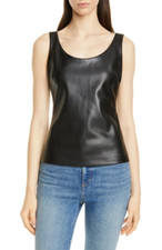 $255 - THEORY Scoop Neck Bedford Faux Leather Shell in Black Size S