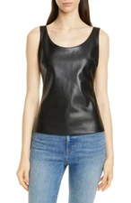 $255 - THEORY Scoop Neck Bedford Faux Leather Shell in Black Size S