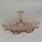 VTG Anchor Hocking Pink Depression Glass Tidbit Trinket Tray Handle dish ruffle