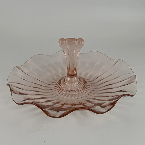 VTG Anchor Hocking Pink Depression Glass Tidbit Trinket Tray Handle dish ruffle