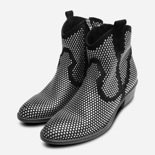 Italiano ante Negro Tacón Cubano Tobillo Cremallera Botas con Plateado  Tachuelas | eBay