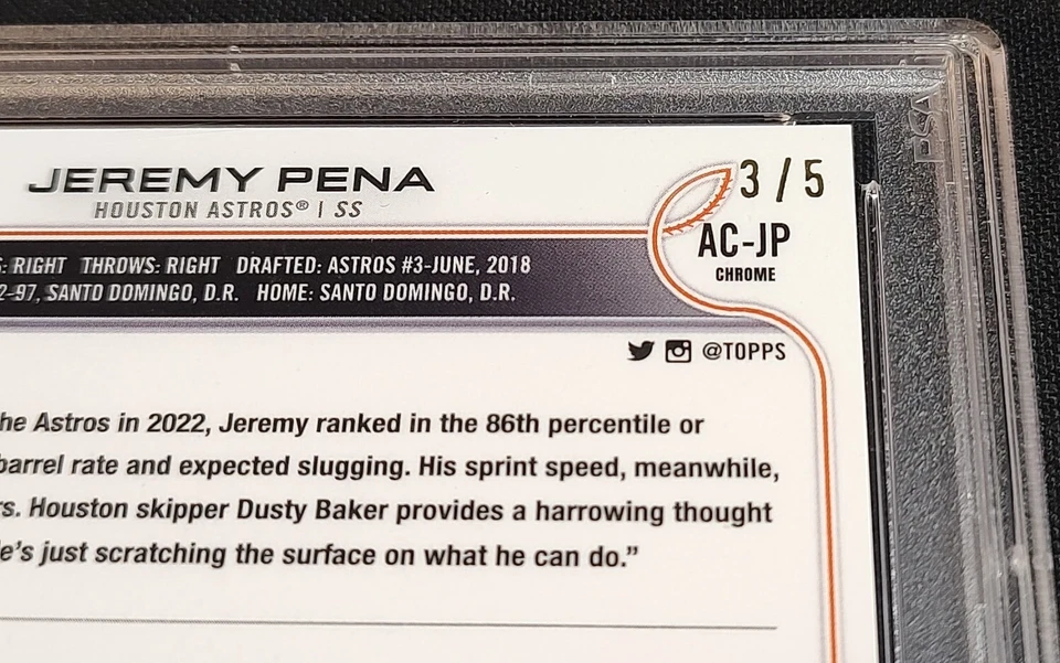 PSA 9 1/1 RC AUTO #3/5 JEREMY PENA RED REFRACTOR ROOKIE 2022 Topps Chrome Update - Image 3 of 4
