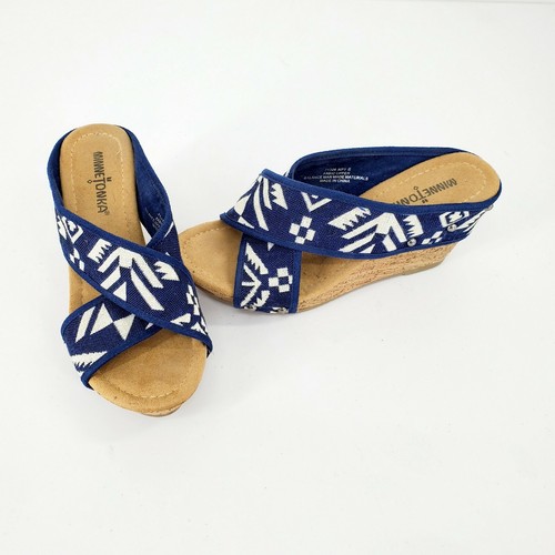 Minnetonka Lainey Blu White Aztec Criss Cross Studded Cork Wedge Sandals 6
