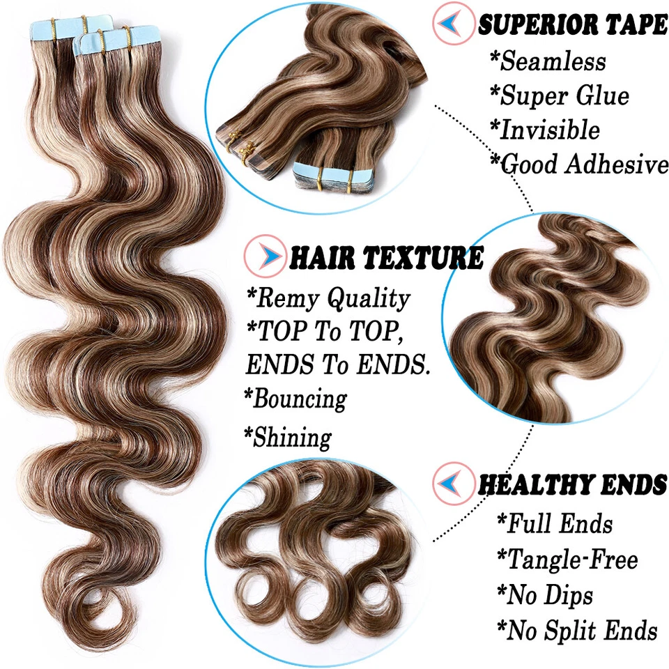 Cinta marrón invisible en extensiones de cabello humano Remy real 20/40/60 piezas de grosor Q396 Foto 3 de 4