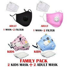 4X KIDS ADULT Family PACK Face Mask With 2 PM2.5 Filters - Washable , Reusable