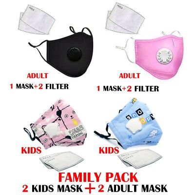 4X KIDS ADULT  Family PACK Face Mask With 2 PM2.5 Filters - Washable , Reusable 