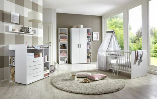 BMG MÖBEL Babyzimmer Kinderzimmer komplett Set Babymatratze Komplettset KIM in weiß